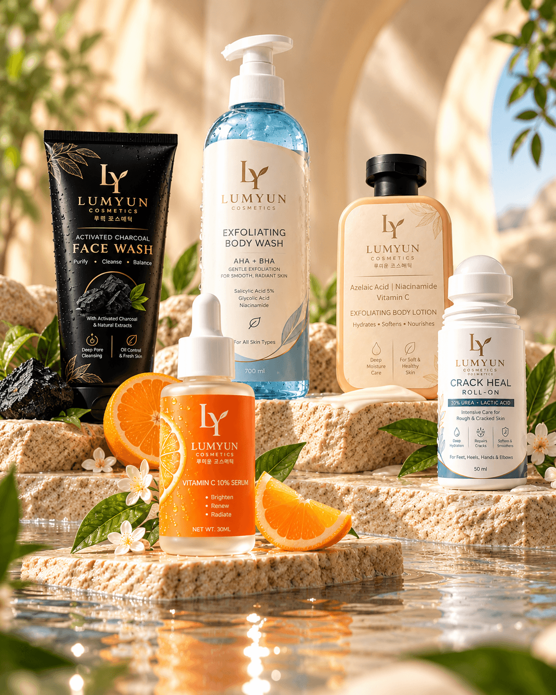 LUMYUN Cosmetics collection featuring five skincare products